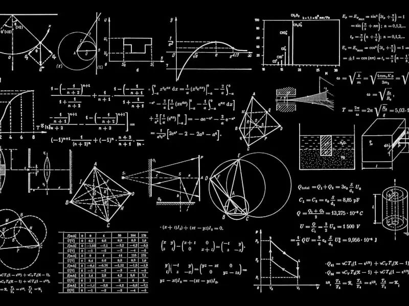 Mathematical formulas written on a chalkboard with wood samples